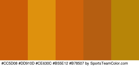 #CC5D08 #DD910D #CE630C #B55E12 #B78507 Colors