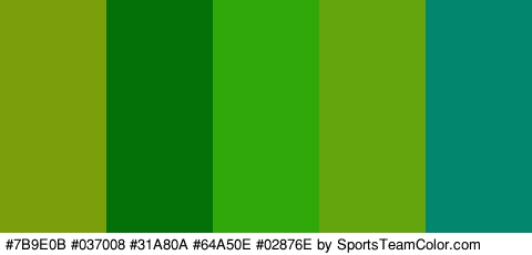 #7B9E0B #037008 #31A80A #64A50E #02876E Colors