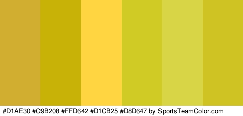 #D1AE30 #C9B208 #FFD642 #D1CB25 #D8D647 #CEC323 Colors