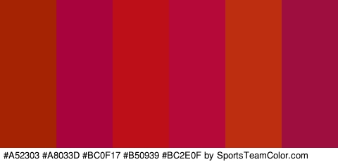 #A52303 #A8033D #BC0F17 #B50939 #BC2E0F #9E0E3E Colors