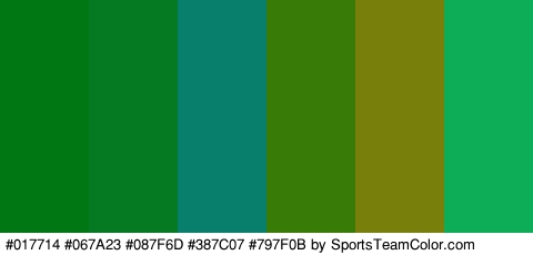 #017714 #067A23 #087F6D #387C07 #797F0B #0DAD58 Colors