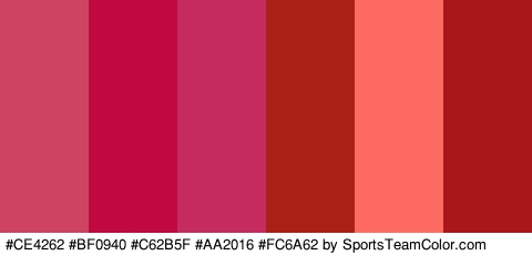 #CE4262 #BF0940 #C62B5F #AA2016 #FC6A62 #AA171A Colors