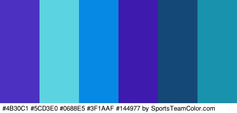 #4B30C1 #5CD3E0 #0688E5 #3F1AAF #144977 #1892AD Colors