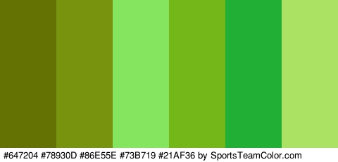 #647204 #78930D #86E55E #73B719 #21AF36 #ABE263 Colors