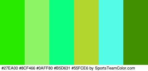 #27EA00 #8CF466 #0AFF80 #B5D631 #55FCE6 #418E01 Colors