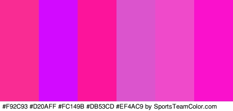 #F92C93 #D20AFF #FC149B #DB53CD #EF4AC9 #F911CB Colors