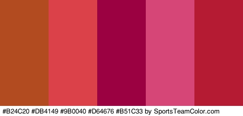 #B24C20 #DB4149 #9B0040 #D64676 #B51C33 Colors