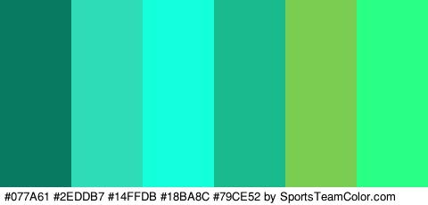 #077A61 #2EDDB7 #14FFDB #18BA8C #79CE52 #28FF85 Colors