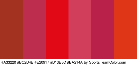 #A33220 #BC2D4E #E20917 #D13E5C #BA214A #E03618 Colors