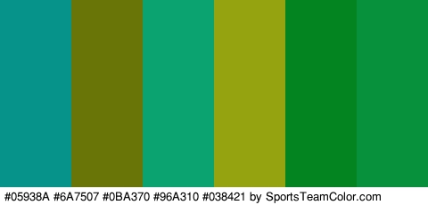 #05938A #6A7507 #0BA370 #96A310 #038421 #07913C Colors