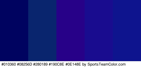 #010360 #08256D #280189 #190C8E #0E148E Colors