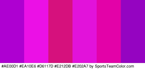 #AE00D1 #EA10E6 #D6117D #E212DB #E202A7 #9505C1 Colors