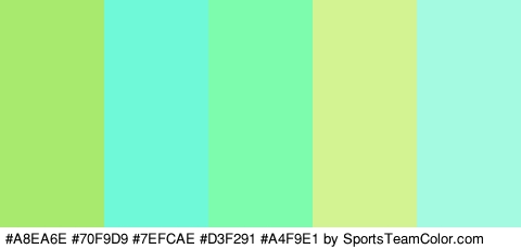 #A8EA6E #70F9D9 #7EFCAE #D3F291 #A4F9E1 Colors