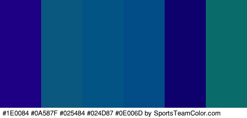 #1E0084 #0A587F #025484 #024D87 #0E006D #0A6B6B Colors