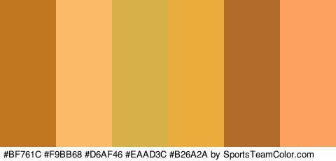 #BF761C #F9BB68 #D6AF46 #EAAD3C #B26A2A #FCA15F Colors