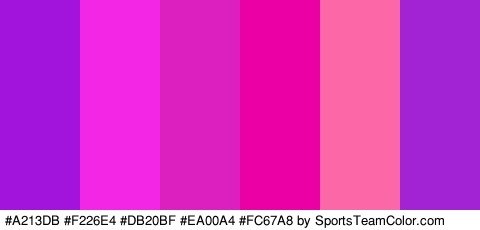 #A213DB #F226E4 #DB20BF #EA00A4 #FC67A8 #A123D3 Colors