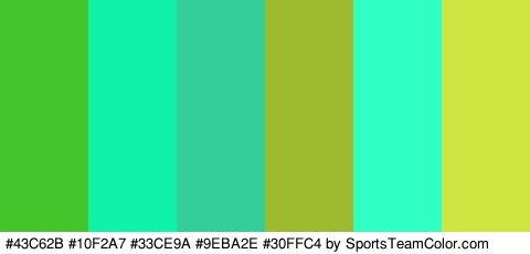 #43C62B #10F2A7 #33CE9A #9EBA2E #30FFC4 #CFE542 Colors