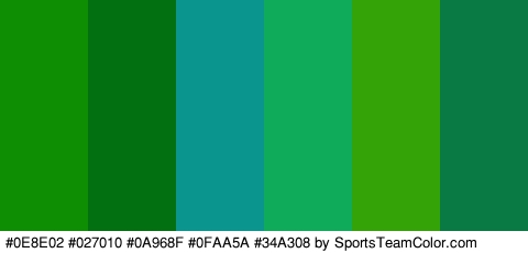 #0E8E02 #027010 #0A968F #0FAA5A #34A308 #097A43 Colors