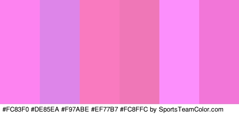 #FC83F0 #DE85EA #F97ABE #EF77B7 #FC8FFC #F276D7 Colors