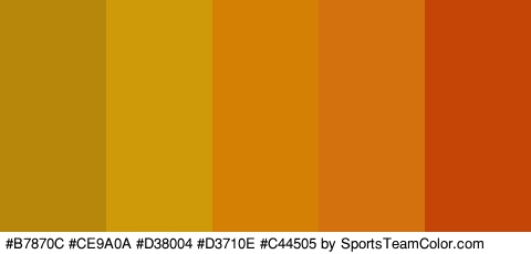 #B7870C #CE9A0A #D38004 #D3710E #C44505 Colors