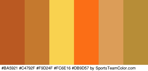 #BA5921 #C4792F #F9D24F #FC6E16 #DB9D57 #B78E37 Colors