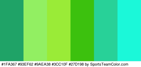 #1FA367 #93EF62 #9AEA38 #3CC10F #27D198 #1BF7D9 Colors