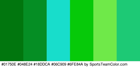 #01750E #048E24 #18DDCA #06C909 #6FE84A #1EC976 Colors