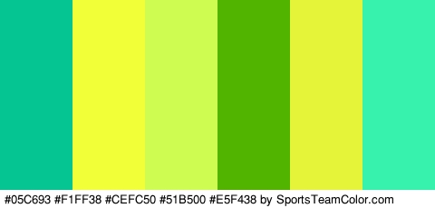 #05C693 #F1FF38 #CEFC50 #51B500 #E5F438 #37F2AD Colors