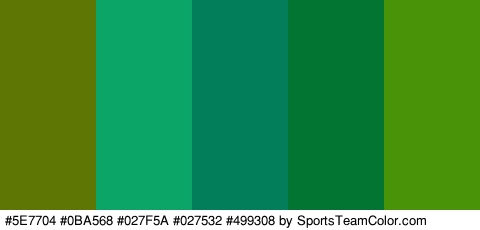 #5E7704 #0BA568 #027F5A #027532 #499308 Colors