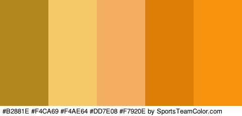 #B2881E #F4CA69 #F4AE64 #DD7E08 #F7920E Colors