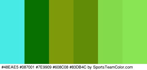 #48EAE5 #087001 #7E9909 #608C08 #83DB4C #89E554 Colors