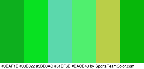 #0EAF1E #08E022 #5BD8AC #51EF6E #BACE48 #07B70A Colors