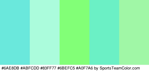 #6AE8DB #ABFCDD #83FF77 #6BEFC5 #A0F7A6 Colors