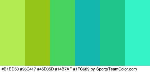 #B1ED50 #96C417 #45D35D #14B7AF #1FC689 #35F2C6 Colors