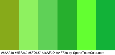 #86AA19 #8EF260 #5FD157 #26AF2D #64FF30 #11B237 Colors