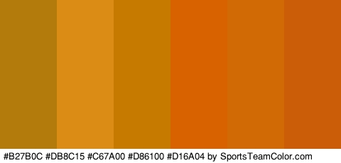 #B27B0C #DB8C15 #C67A00 #D86100 #D16A04 #CC5D08 Colors