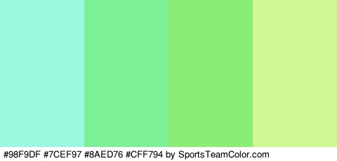 #98F9DF #7CEF97 #8AED76 #CFF794 Colors