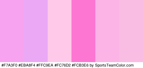 #F7A3F0 #EBA8F4 #FFC9EA #FC76D2 #FCB3E6 #F9BDE4 Colors