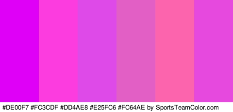 #DE00F7 #FC3CDF #DD4AE8 #E25FC6 #FC64AE #E549DD Colors