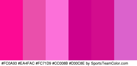 #FC0A93 #EA4FAC #FC71D9 #CC008B #D30C8E #DB62CD Colors