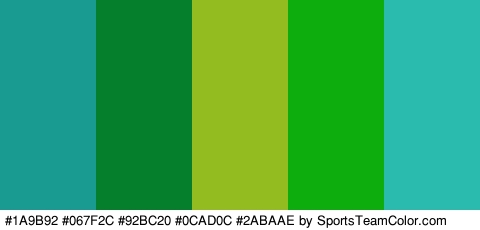 #1A9B92 #067F2C #92BC20 #0CAD0C #2ABAAE Colors