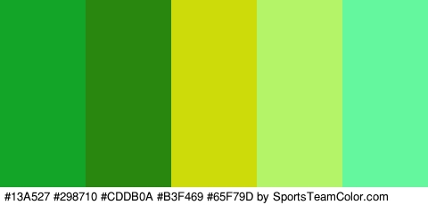 #13A527 #298710 #CDDB0A #B3F469 #65F79D Colors