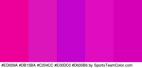 #ED009A #DB15BA #C204CC #E00DC0 #D600B6 Colors