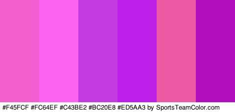 #F45FCF #FC64EF #C43BE2 #BC20E8 #ED5AA3 #B00DBF Colors