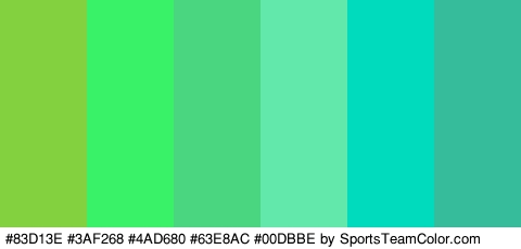 #83D13E #3AF268 #4AD680 #63E8AC #00DBBE #36BC9B Colors