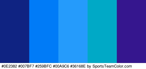 #0E2382 #007BF7 #259BFC #00A9C6 #36168E Colors