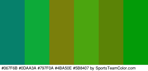 #067F6B #0DAA3A #797F0A #4BA50E #5B8407 #049B09 Colors