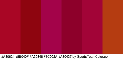 #A80624 #8E040F #A30348 #8C002A #A30437 #B53C10 Colors