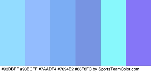 #93DBFF #93BCFF #7AADF4 #7694E2 #88F8FC #8576F7 Colors