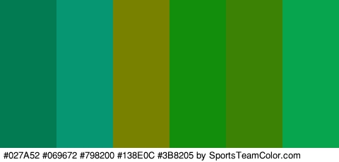 #027A52 #069672 #798200 #138E0C #3B8205 #08A54F Colors